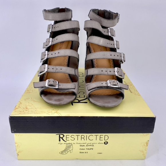 Restricted In Box Joyful Taupe (gray) Buckle Multi-strap 3.5 inch Block Heels - Picture 8 of 12